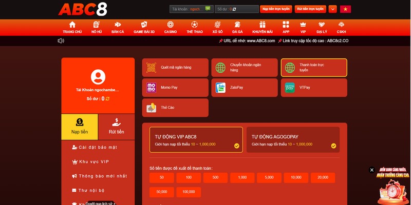 Các phương thức nạp tiền tài khoản abc8 phổ biến